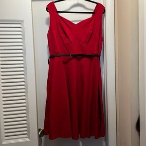 Red belted fit and flare midi dress